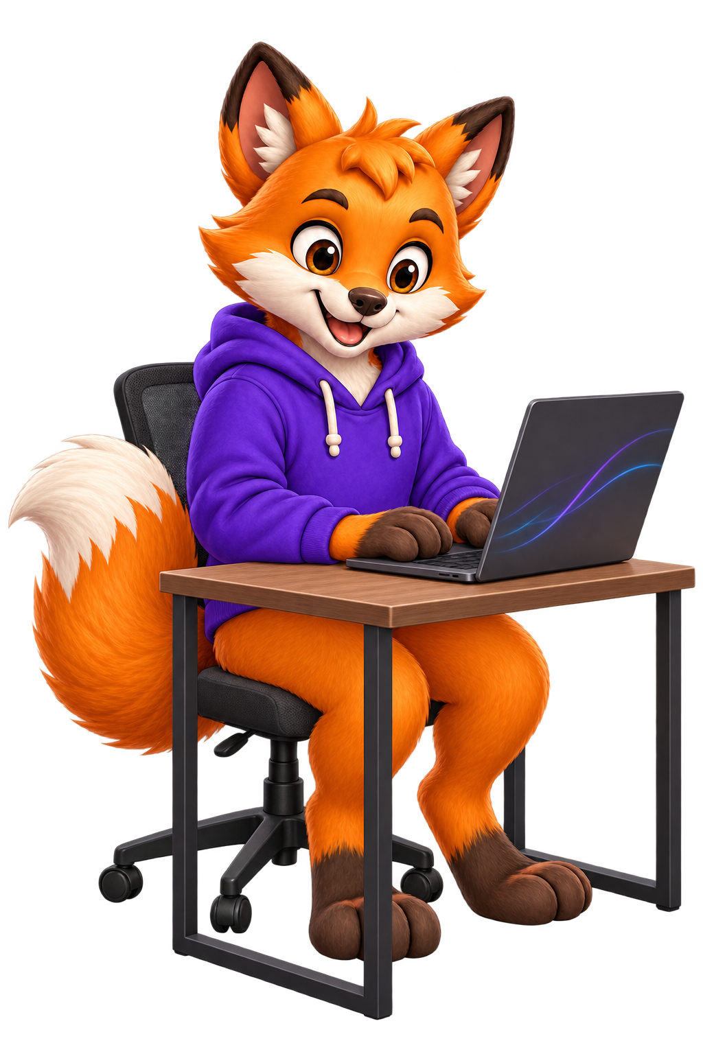 Proposed scene of Dash, the Fast Forward fox, coding in the developer collection