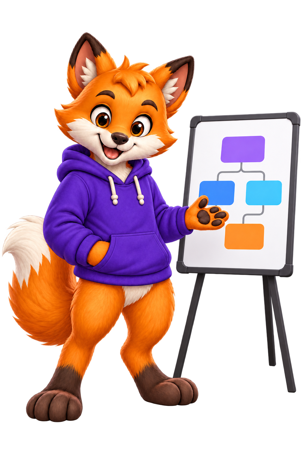 Proposed scene of Dash, the Fast Forward fox, explaining a concept in the developer collection