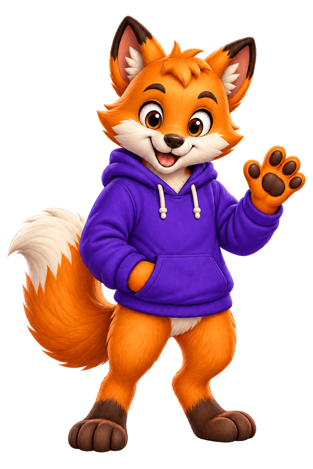 Dash, the mature orange fox in a purple hoodie, waving