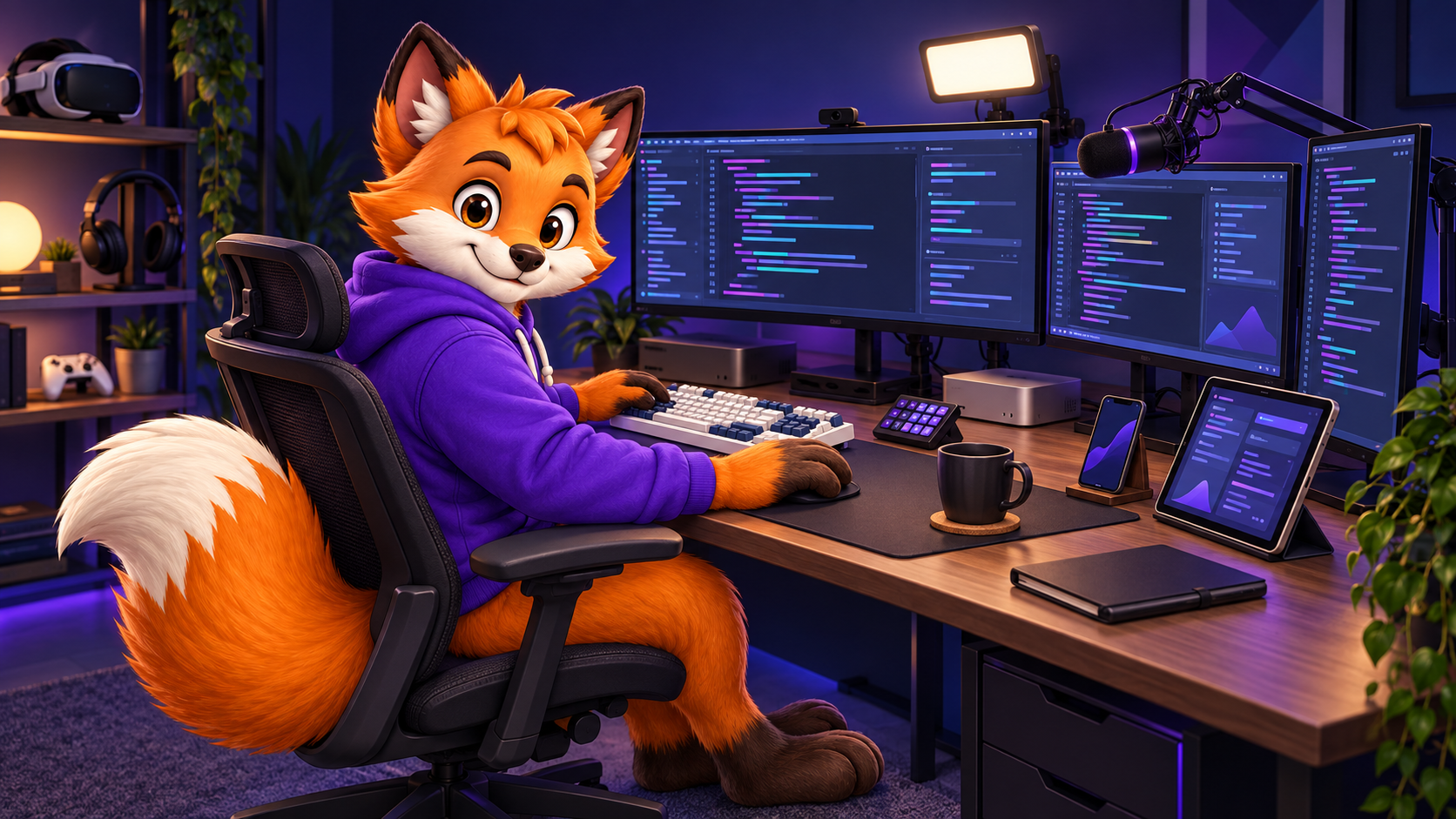 Dash programming at an organized workstation with three monitors, a tablet, mechanical keyboard, microphone, lighting and developer peripherals