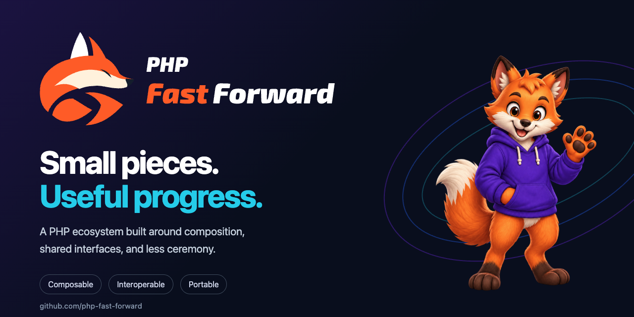 PHP Fast Forward profile cover with its fox signature and mature Dash